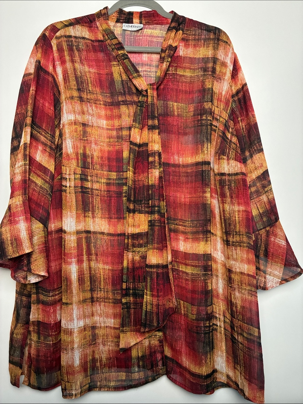 Catherines Warm Fall Tones  Plaid Sheer Tie-Neck Blouse